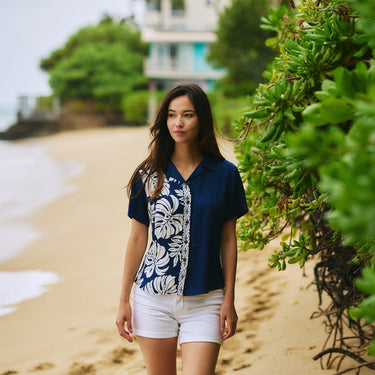 Prince Kuhio Blouse in Navy White - Made in Hawaii by Hilo Hattie