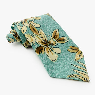 Aloha Necktie in Pen & Ink Botanical Turquoise, rolled view - Made in Hawaii by Hilo Hattie