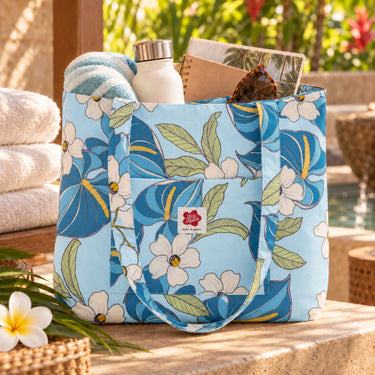 Anthurium Bloom cotton tote bag made in Hawaii with large front pocket