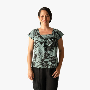 Bold Serenity Square Neck Blouse in Aqua, front view - Made in Hawaii by Hilo Hattie