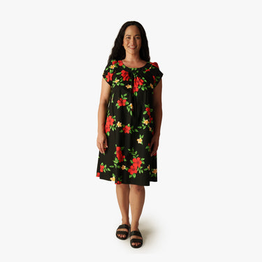 Hibiscus Dream Short Mu'umu'u in Black - Made in Hawaii by Hilo Hattie