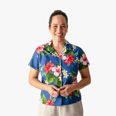 Hibiscus Plumeria Camp Blouse in Navy - Made in Hawaii by Hilo Hattie