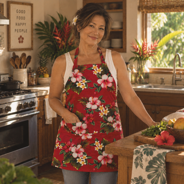 Woman wearing a red Hibiscus Plumeria Hawaiian apron in a warm kitchen setting