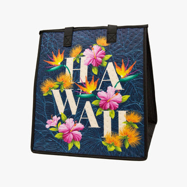 Large Insulated Hot/Cold Bag in Hawaii Bloomin Navy Hawaiian design, for beach, lunch and gifting - Hilo Hattie