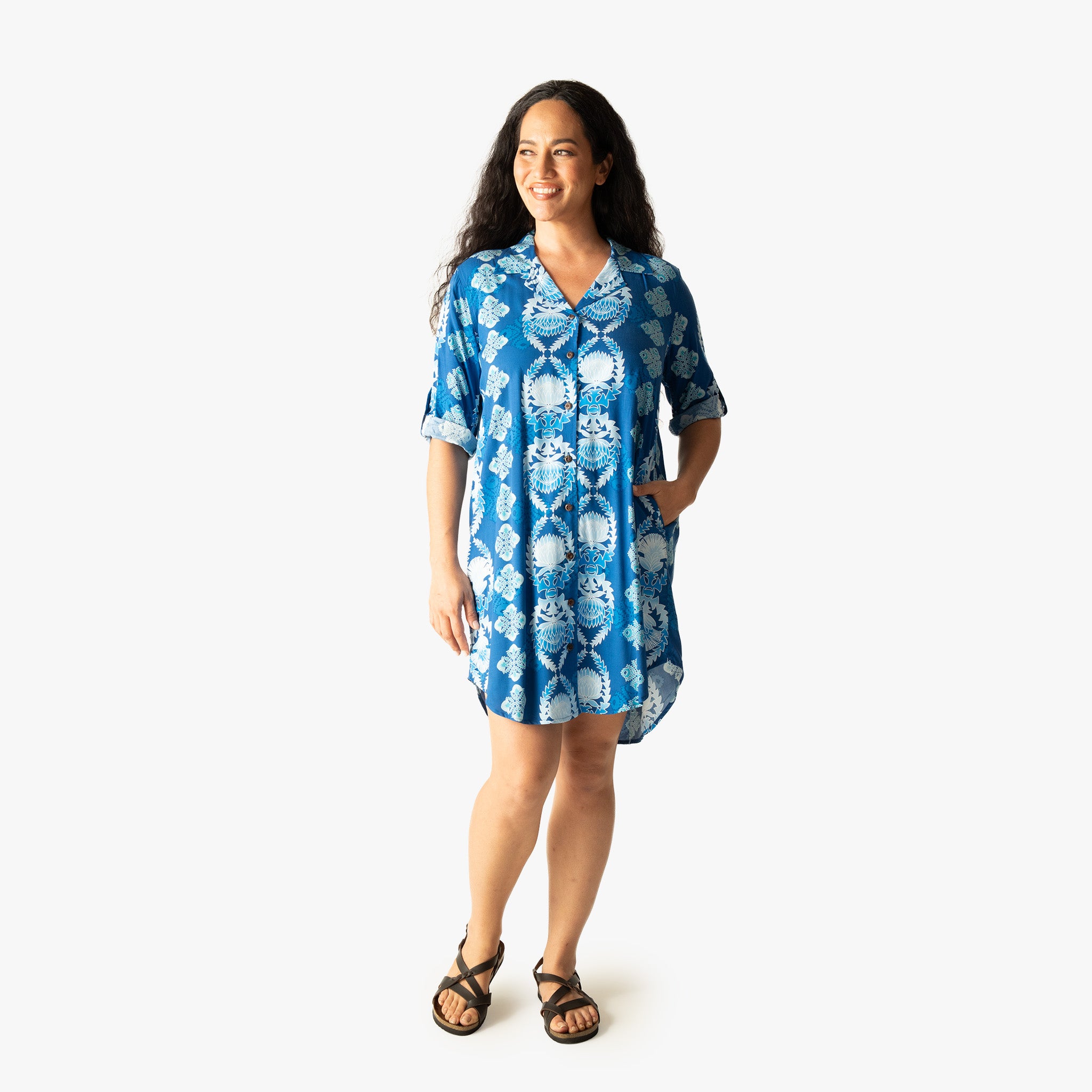 shirt dress hawaii Cora Spearman Hawaii WOMENS Mod Aloha Navy Aloha Shirt Dress M