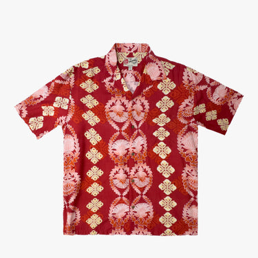 Lehua Quilt Aloha Shirt in Red, flat lay - Made in Hawaii by Hilo Hattie