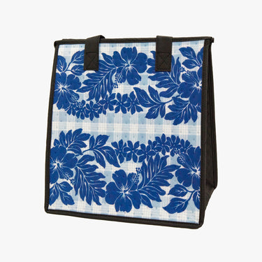 Medium Insulated Hot/Cold Bag in Owena Palaka Blue Hawaiian design, for beach, lunch and gifting - Hilo Hattie