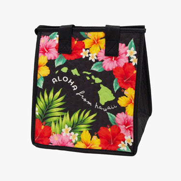 Petite Insulated Hot/Cold Bag in Drift Black Hawaiian design, for beach, lunch and gifting - Hilo Hattie