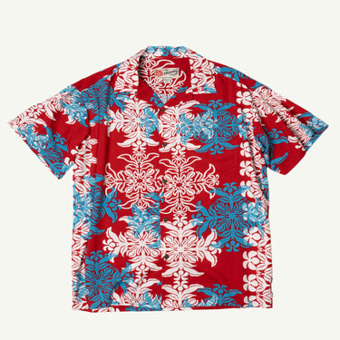 Quilt Panel Aloha Shirt in Burgundy, flat lay - Made in Hawaii by Hilo Hattie