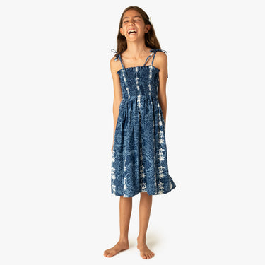Turtle Panel Girls Smock Dress in White Blue - Made in Hawaii by Hilo Hattie