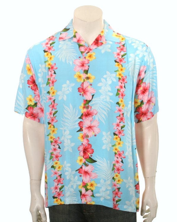 Womens Blue Hawaiian Shirt with Plumeria