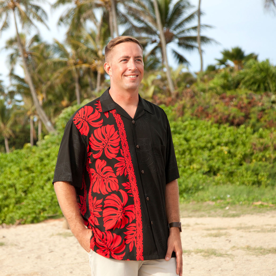 Hilo Hattie - Prince Kuhio Black & Red Rayon Men's Hawaiian Shirt
