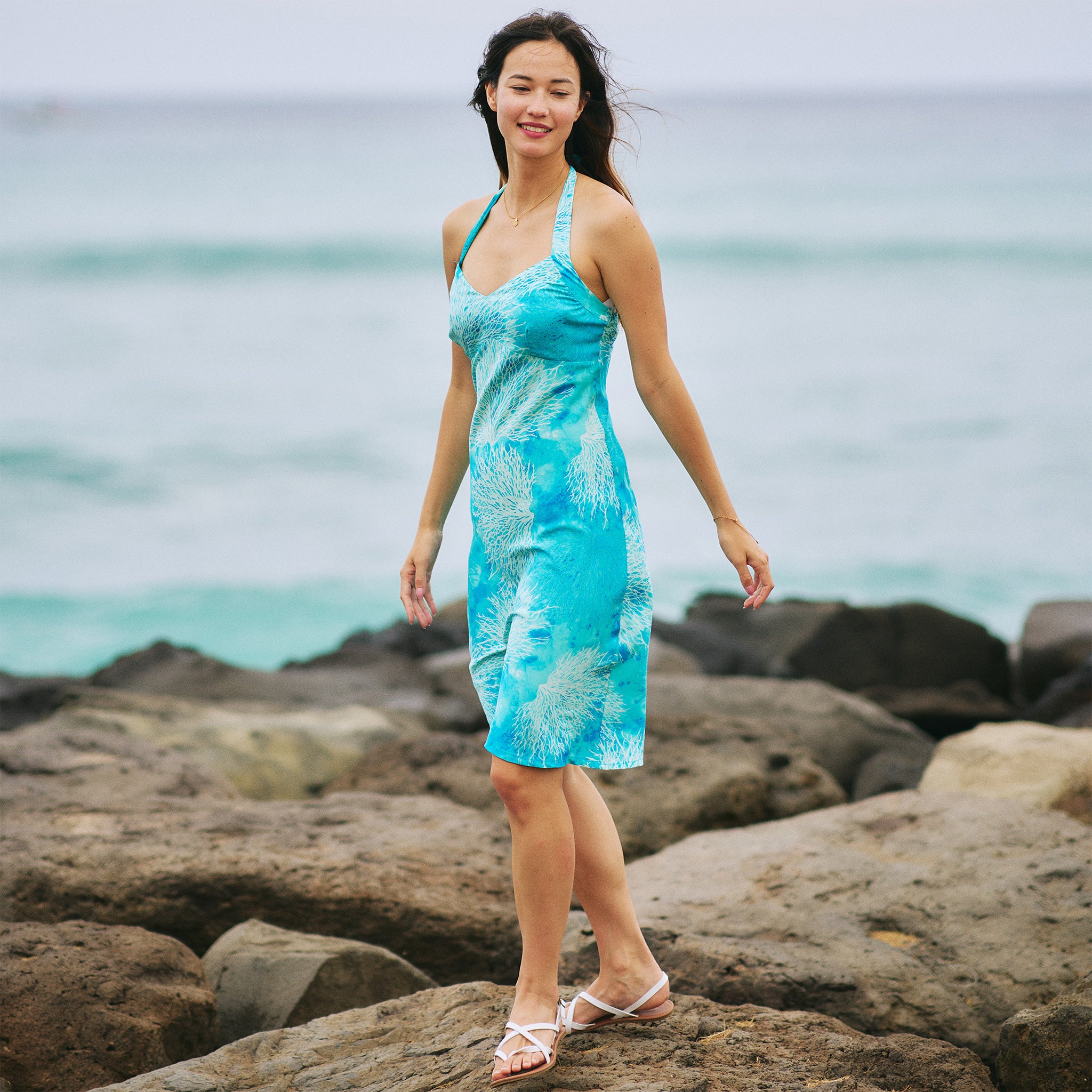 Coral Dress with Tie Back Coral Print Sea Green / S Coral Dress with Tie Back Coral Print Sea Green / S