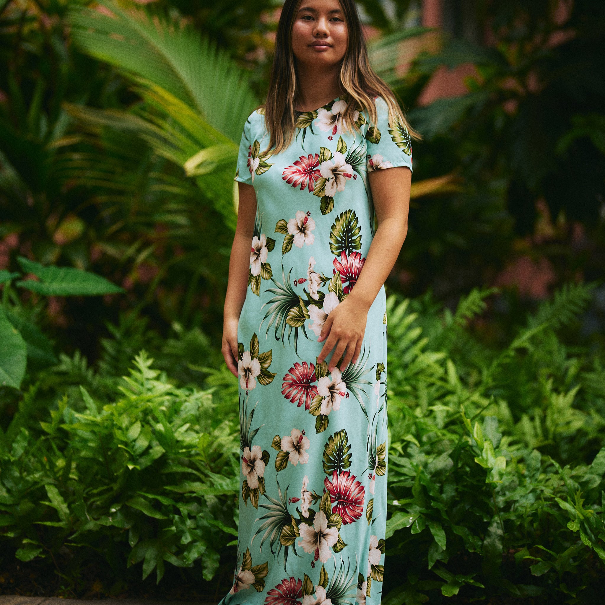 hawaiian floral dress Deep Green Fern Elegance Hawaiian Long Flare Dress / Muumuu Mall 16