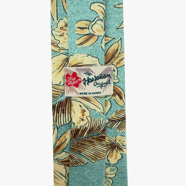 Aloha Necktie in Pen & Ink Botanical Turquoise, back view - Made in Hawaii by Hilo Hattie
