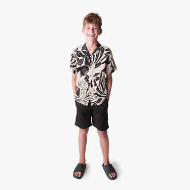 Bold Serenity Boys Aloha Shirt in Beige, front view - Made in Hawaii