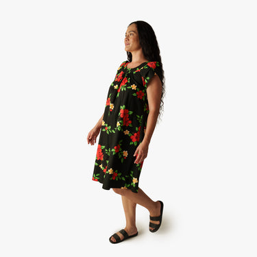 Hibiscus Dream Short Mu'umu'u in Black, partial side view - Made in Hawaii by Hilo Hattie