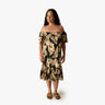 Hibiscus Palm Double Ruffle Short Mu'umu'u in Black, off shoulder - Made in Hawaii by Hilo Hattie