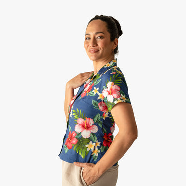 Hibiscus Plumeria Camp Blouse in Navy, side view - Made in Hawaii by Hilo Hattie
