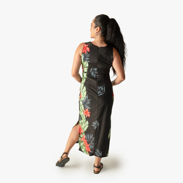 Orchid Panel Long Dress in Black, back view with side slit - Made in Hawaii by Hilo Hattie
