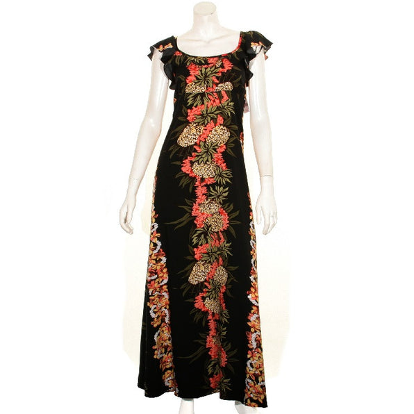 Hilo Hattie - Pineapple Panel Black Rayon Hawaiian Flutter Sleeve Empire Dress main image 0