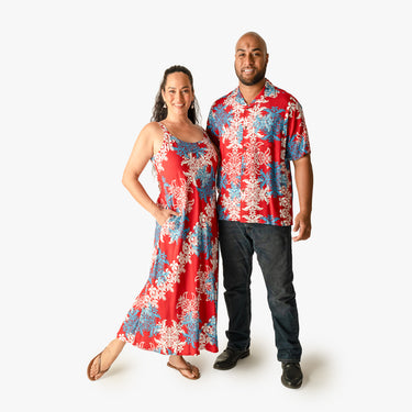 Quilt Panel matching aloha shirt and long dress in Burgundy - Made in Hawaii by Hilo Hattie