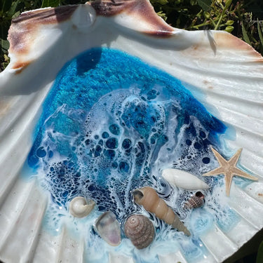 Scallop shell trinket dish with hand-poured blue resin ocean design
