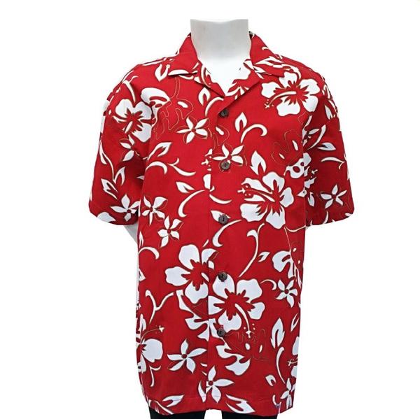 Hilo Hattie Classic Hibiscus Pareo Red Cotton Women's Hawaiian Shirt , M